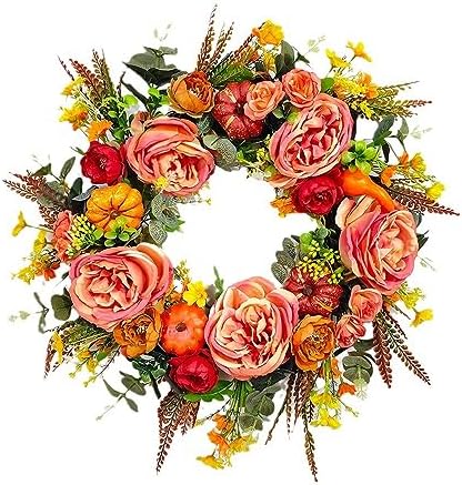 GLLBTPT Fall Wreath Full Handcrafted Autumn Front Door Wreath with Pumpkins Peony Flower Berries for Halloween Thanksgiving Harvest Decoration (Peony Flower) by Thegoodlifebeginsfromnow