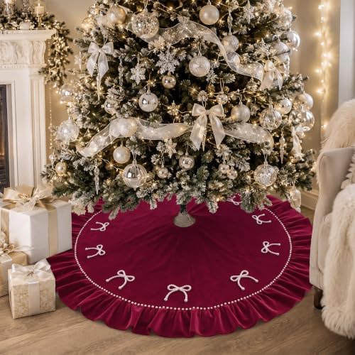 48 Inches Pearl Christmas Tree Skirt Plush Christmas Velvet Tree Skirt with Pearl Bow Burgundy Ruffle Edge Handmade Mat for Xmas Holiday Winter Party Decorations - Image 7