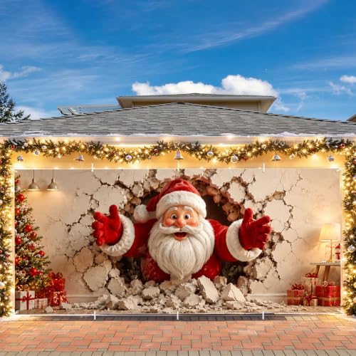 Funny Santa Claus Garage Door Banner Mural - Realistic Christmas Santa Bursting Through Wall Backdrop Large 7x16ft Winter Holiday Outdoor Wall Decor Weatherproof Fabric Cover for Home Xmas Party - Image 6