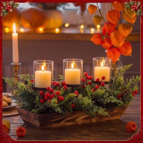 3 Pillar Christmas Table Centerpiece Christmas Candle Holder Artificial Norfolk Pine with Steel Base Frosted Arrangement for Home Decor - Image 4