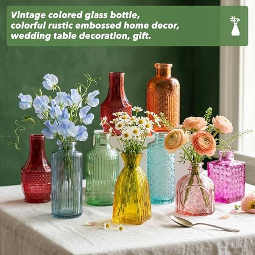 Colored Glass Vases Bulk 32 Pcs - Assorted Vintage Bud Vases for Wedding Centerpieces, Rustic Embossed Glass Bottles for Table Decor, Home Floral Arrangements with Bright Color Series (2-6 Inch) - Image 6