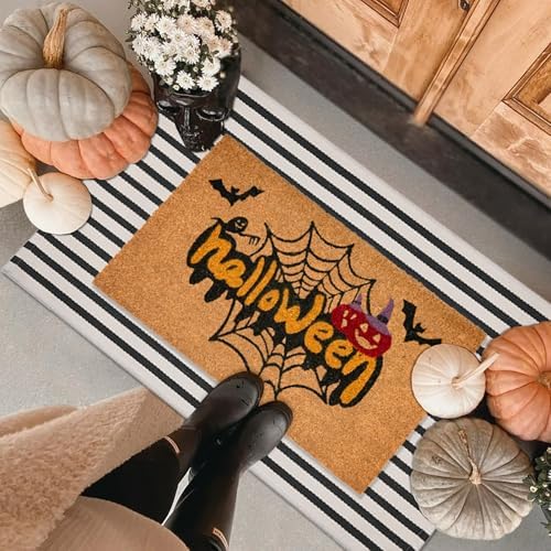 Halloween Front Door Mat Combo Set, Spider Web Coco Coir Welcome Doormat -28" x 43" Black and White Striped Rug, Autumn Fall Porch Entryway Decor Floor Mat by Fallovea