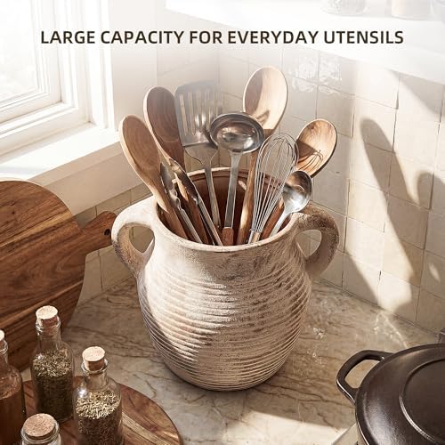 Rustic Utensil Holder for Kitchen Counter - Ceramic Farmhouse Cooking Utensil Crock & Organizer for Spatula, Spoon - Vintage Kitchen Decor (Taupe) - Image 3