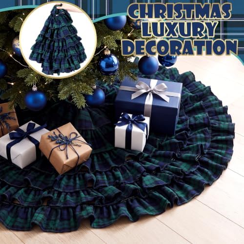Navy Blue Ruffle Christmas Tree Skirt Tartan Plaid 48 Inch - Image 2