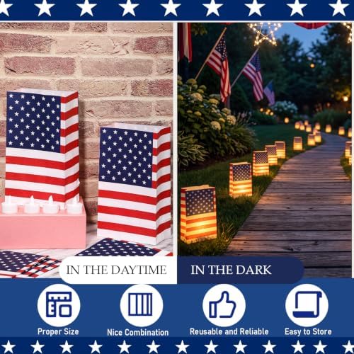 Sabary 100 Pcs Patriotic Luminary Bags USA Flag Flame Resistant Candle Reusable Paper Lantern for Independence Day 250 Anniversary Memorial Day Decorations Diwali Veterans Party - Image 5