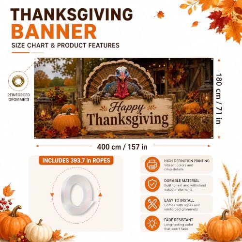 Thanksgiving Garage Door Banner 157 x 71 In Turkey Happy Thanksgiving Garage Door Cover, Rustic Fall Harvest Outdoor Garage Door Decorations with 393.7 In Rope for Thanksgiving Home Decor - Image 5