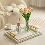 Modern Elegant Large Wood Serving Tray, Set of 2 Pearl White Crocodile Leather with Gold Polished Metal Handles, Home Decorative Rectangle Ottoman Platter Living Room Bathroom Vanity Tray - Image 5