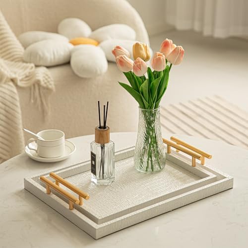 Modern Elegant Large Wood Serving Tray, Set of 2 Pearl White Crocodile Leather with Gold Polished Metal Handles, Home Decorative Rectangle Ottoman Platter Living Room Bathroom Vanity Tray - Image 5