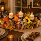 Fall Candle Holder Centerpiece for Table Decor with Maple Leaves Burlap Bow - Image 3