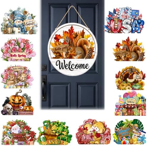 16 Pcs Interchangeable Welcome Sign for Front Door, 12 Inch Seasonal Wooden Door Hanger With 16 Magnetic Icons, Wooden Welcome Signs for Front Door for Holidays and Year Round Home Decor (12set) by Unknown