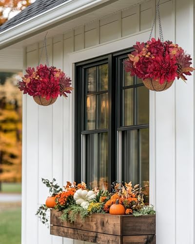 Hollyone 11" Fall Hanging Baskets Hydrangea Peonies Small Artificial Flowers Fall Hanging Decor Hydrangea Fake Flowers Faux Plants Red Orange Indoor Outdoor Porch Patio Garden Autumn Home Decorations - Image 4
