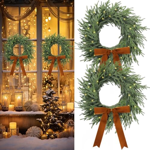 2 Pcs LED Christmas Norfolk Pine Wreath, Gold Bow, Classic by Huiinen