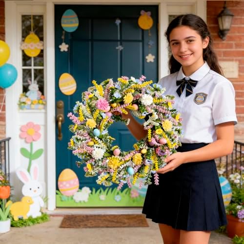 20 Inch Easter Wreath for Front Door Spring Wreath Easter Egg Wreath with Colorful Eggs Hydrangea Daisies Eucalyptus Leaves for Easter Decorations Holiday Wall Home Window Decor (Purple, Large) - Image 3