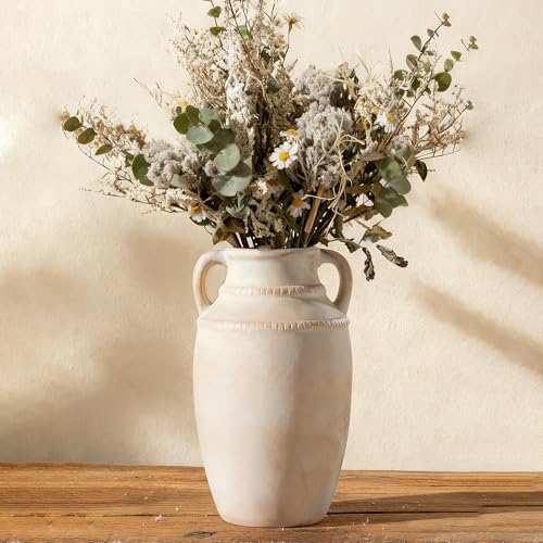 Lvases 10.5in Beige Ceramic Flower Vase, with Handles Farmhouse Table Vases - Image 5