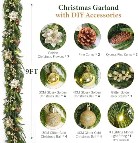 N&T NIETING 9FT Christmas Prelit Norfolk Pine Garland with Light Christmas Flowers Balls Berries Pine Cones Real Touch Pine Christmas Garland for Tables Mantle Fireplaces Stairs Xmas Decorations - Image 4