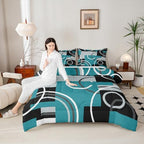 Modern Turquoise Decor Comforter Full Geometric Circles Gird Bedding Set For Boys Girls Kids Teens Adult Black Grey Down Comforter Stripe Swirls Duvet Set Modern Graphic Texture Quilted Comforter - Image 4