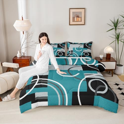Modern Turquoise Decor Comforter Full Geometric Circles Gird Bedding Set For Boys Girls Kids Teens Adult Black Grey Down Comforter Stripe Swirls Duvet Set Modern Graphic Texture Quilted Comforter - Image 4