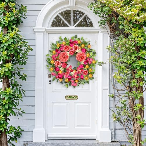 ICX 24 Inch Spring Wreaths for Front Door with Pink Peony Tulip Orchid - Image 6