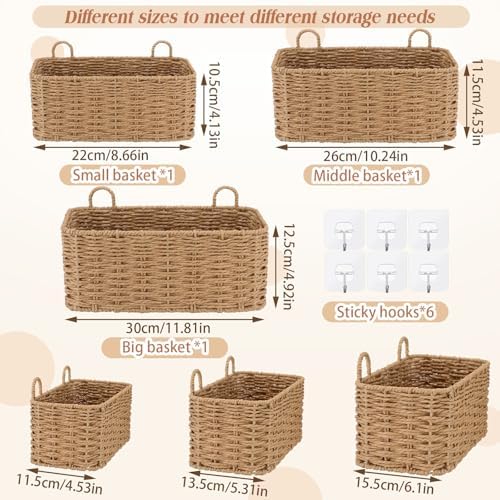 3 Pcs Wall Hanging Baskets,Rectangle,Natural Tan,Paper Cord - Image 2