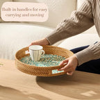 YANGQIHOME Round Rattan Tray with Handle, Mother of Pearl Inlay Decorative Wicker Basket for Coffee, Bread, Fruits, Serving Tray for Home Decor, Blue Flower - Image 2