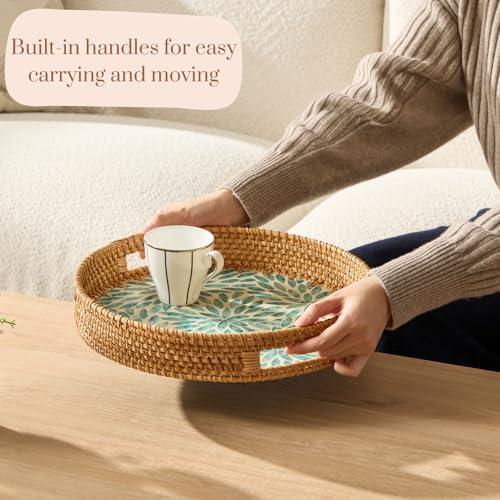 YANGQIHOME Round Rattan Tray with Handle, Mother of Pearl Inlay Decorative Wicker Basket for Coffee, Bread, Fruits, Serving Tray for Home Decor, Blue Flower - Image 2