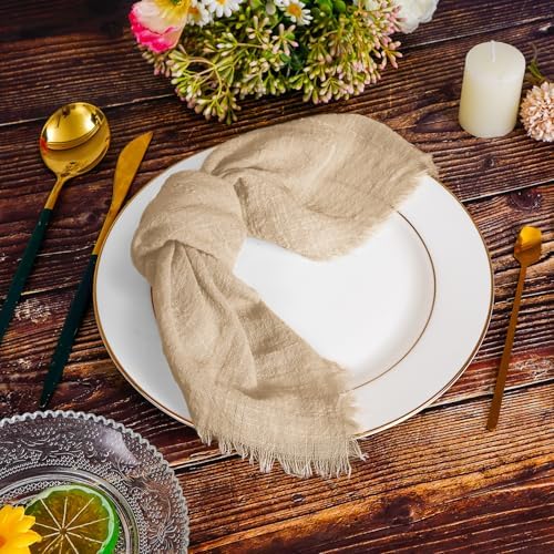 Pesonlook 24 Pcs Caramel Cotton Linen Napkins with Fringe, 16x16 Inches - Image 2