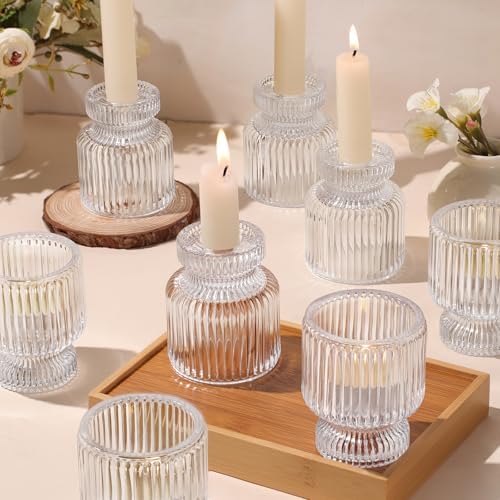 DARJEN 12 Pcs Glass Candlestick Holders- Clear Taper Candle Holders Tealight Votive Candle Holders for Table Centerpieces, Wedding, Dinner Party, Home Decor by DARJEN