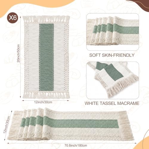 6 Sets Green Kitchen Decor,Table Setting Decor with Round Woven,Rectangular Boho,Wooden Bead Napkin Rings,Cloth Napkins,Table Runner & Storage Basket,Natural Burlap Cotton for Kitchen Dining Table - Image 3