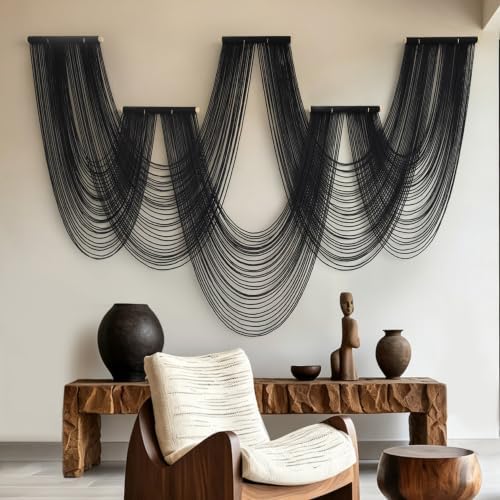 Black Macrame Wall Hanging 5 Panel Boho Wall Decor Fiber Art 68"W *46"L - Image 3