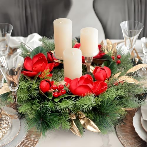 24" Magnolia Christmas Wreaths for Front Door, Artificial Magnolia Christmas Flower with Gold Leaves for Outdoor Indoor Home Wedding Christmas New Year - Image 4