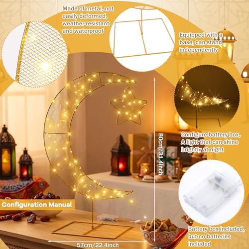 Glooglitter Pre-lit Eid Mubarak Decorations for Home Metal Ramadan Star Moon Crescent Light Decorations Outdoor Lighted Night Lamp Sign with LED String for Yard Lawn Pathway(Hanging Star) - Image 3