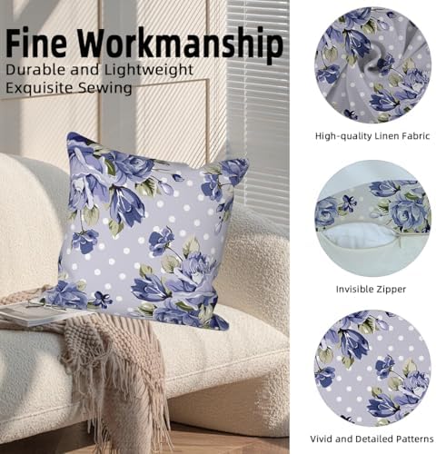 Blue Flower Throw Pillow Covers 22"x22" Set of 4, Vintage Floral Sofa Cushion Cover for Chair Couch Bed Living Room Office Car Garden Patio Farmhouse Indoor Outdoor Decorative - Image 2