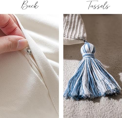 BlissBlush 20X54 Oversized Large Lumbar Pillow Cover for Bed, Rectangular Long Decorative Throw Pillowcase, Cotton Boho Accent Cushion with Blue Tufted Pattern and Tassels, Cream Neutral (Cover Only) - Image 4