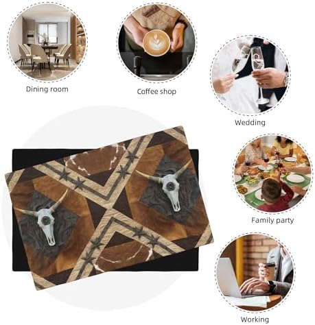 Western Cowboy Placemats Set of 6, Rustic Farmhouse Cow Skull Animal Decoration, Kitchen Dining Room Heat Resistant Non-Slip Table Runner, 12x18 Inches - Image 6