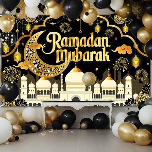 Mocsicka Ramadan Mubarak Decorations Backdrop Blue Gold Muslim Ramadan Kareem Banner Eid Mubarak for Home Muslim Party Supplies (Black, 8x6ft) - Image 3