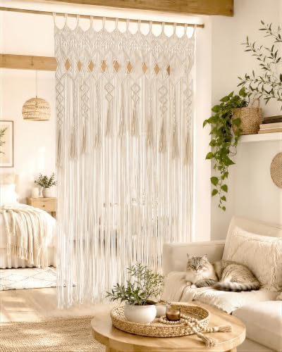 BECHAEO Boho Macrame Curtain with Arch Tassels, 1PC 39" x 79" White B - Image 3
