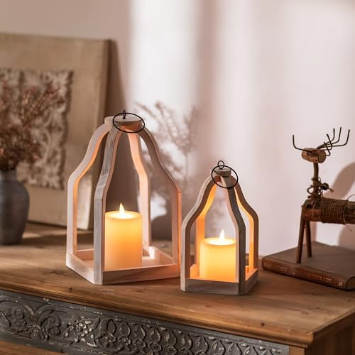Romadedi Wooden Lantern Set of 2, 8.7" & 11.5" Tall, Whitewashed - Image 2