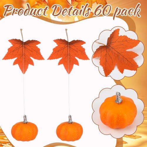 Lyrow 60 Pack Fall Decorations Pumpkin Hanging Ornaments Maple Leaf Rustic Thanksgiving Ceiling Decor for Home Classroom Autumn Party Decor Harvest Festival Supplies Farmhouse Holiday Floating Garland - Image 3