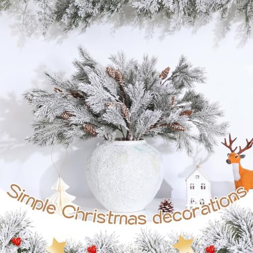 Wavwavw 6 Pcs Flocked Christmas Artificial Cedar Pine Branches, 25.5 Inch - Image 6