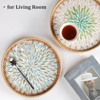 Round Rattan Tray with Mother of Pearl Inlay, Rattan Serving Tray for Coffee, Bread, Fruits, Decorative Wicker Tray for Table Decor, Home Decor, Kitchen Island Decor (Ambilight, 11.8") - Image 5