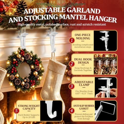 6Pcs Christmas Fireplace Stocking and Garland Hanger Fits 0.87-4.1" Mantle - Image 4