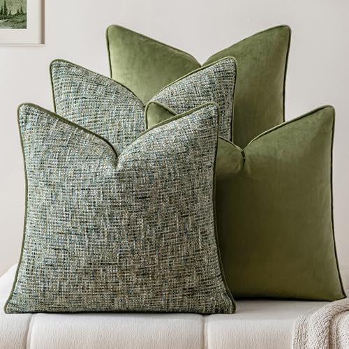 a moment Dark Green 4 Pack Throw Pillow Covers - Chenille & Velvet Set with Piping, Farmhouse Textured Design Cushion Cases for Couch Sofa Bed (20x20 Inch, No Insert) by amoment