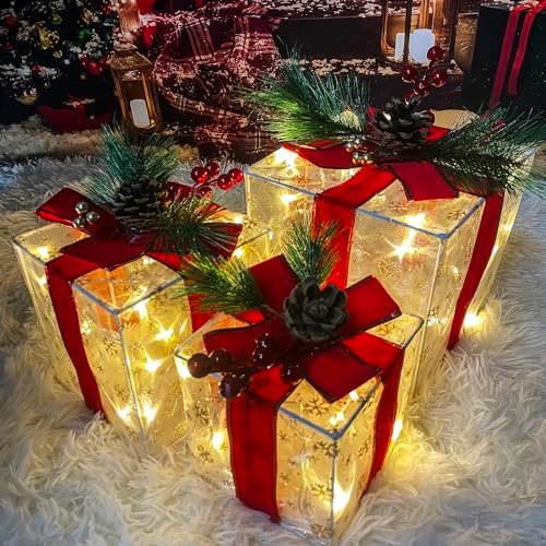 Christmas Decorations Indoor: Set of 3 Christmas Lighted Gift Boxes by Purtuemy