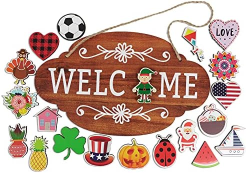 Welcome Sign Front Door Decorations Hanging 20 Interchangeable Rustic Wood Seasonal Holiday Ornaments Housewarming Gift, Farmhouse Porch Decor- Wall Hanging 17" Inches by Inkdotpot