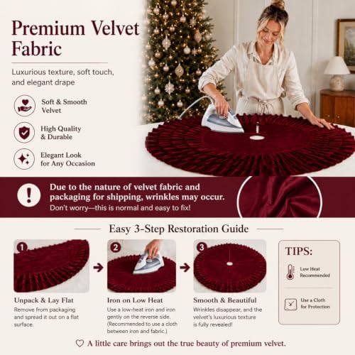Hollowfly 48 Inch Ruffled Velvet Christmas Tree Skirts Burgundy Tree Skirt - Image 3