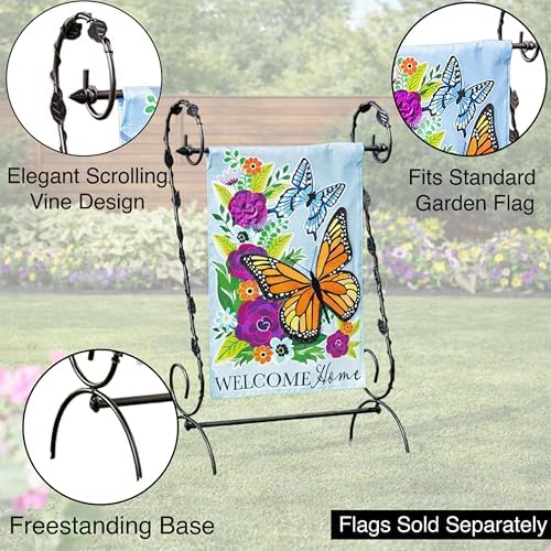 Evergreen Scroll American Garden Flag Stand Leaves Vine | Premium Metal Iron Flag Holder Stand | Fits 12x18 Garden Flags for Outside Deck Patio | Weatherproof Outdoor - Image 4