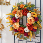24 Inch Fall Wreaths for Front Door with Orange Peony and Burgundy Dahlias - Image 2