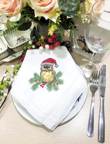 Embroidered Cloth Napkin Owl Christmas Cotton Napkins Set of 6, 20 x 20 Hemstitch Table Napkins, Machine Washable, for Daily & Holiday Dining, Great Gift Ideas - Image 2