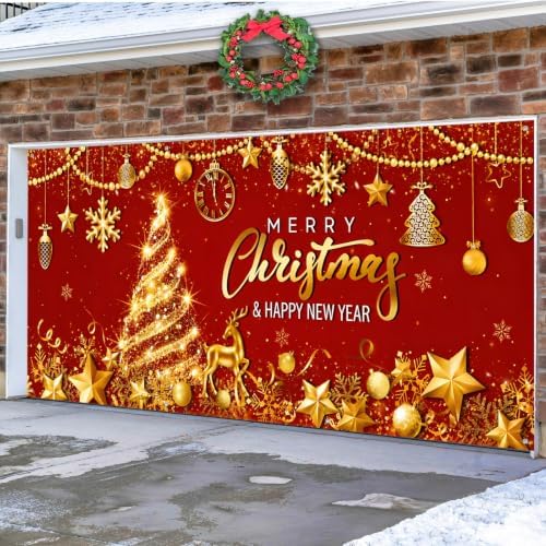 Tiamon Christmas Garage Door Cover Banner 7x16 ft Outdoor Xmas, Red Gold - Image 7