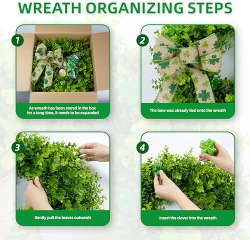 22" St Patrick's Day Wreath with Boxwood & Bow Decorations for Front Door - Image 7